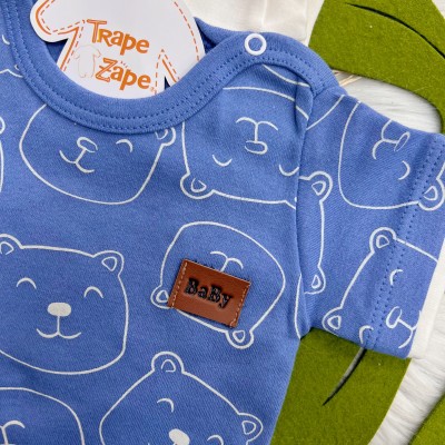 Conj. de Malha 3 peças - Bear Fofinho com Estrelinhas - Azul e Off White